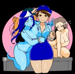 1boy 2d 3girls areolae areolae_slip big_breasts bikini bikini_removed blue_body blue_skin blush breast_hold breasts brown_eyes brown_hair cleavage clothed fukei_(jermaneels) ghost ghost_(jermaneels) ghost_girl ghost_tail handcuffed handcuffs headpiece holding_object huge_breasts jermaneels lady_tsubone_(jermaneels) large_breasts long_hair micro_bikini open_mouth peace_sign pencil_skirt pixel_art police police_hat police_uniform policewoman print_bikini skirt smile string_bikini strip_rock-paper-scissors_-_ghost_edition strip_rock-paper-scissors_-_police_edition strip_rock-paper-scissors_-_tsubone_edition striped_bikini thick_thighs thighs tiger_print triangular_headpiece uniform yellow_eyes
