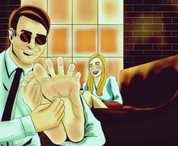 apartment artist_request barefeet barefoot blind blonde_female blonde_hair blush blushing brick_wall brown_hair canon_couple canon_fetish charlie_cox couch daredevil daredevil_(series) deborah_ann_woll feet feet_focus female foot_fetish glasses karen_page male male/female marvel marvel_cinematic_universe matt_murdock netflix possibly_canon realistic soles soles_fetish source_request sunglasses tagme_(artist) tickle_fetish tickling tickling_feet toes toes_spread unknown_artist window