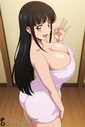 1girl breasts solo long_hair black_hair green_eyes naked_towel towel cleavage smile open_mouth looking_at_viewer ass ok_sign huge_breasts sweat blush watermark large_breasts web_address saitou_mikoto cardfight!!_vanguard unjobdespiert ai_generated 1female curvy huge_ass big_breasts big_ass 1girls 2026 artist_name hi_res highres high_quality high_resolution patreon_username patreon