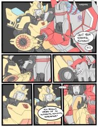2_boys alien alien_humanoid autobot blue_eyes bumblebee_(transformers) chin_grab decepticon face_grab forbidden_couple looking_down nipple_pinch nuefass pressing_against red_eyes robot robot_alien robot_humanoid shibari smile starscream stepping teasing transformers transformers_g1 yaoi