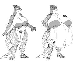 5:4 anthro aquatic areola before_and_after big_areola big_breasts bodily_fluids breast_expansion breasts cetacean dolphin expansion female fin genitals hand_on_breast hand_on_hip head_fin hi_res huge_areola huge_breasts hyper hyper_pregnancy lactating mammal monochrome multicolored_body nanami_(void_dew) navel navel_piercing nipple_piercing nipples nude oceanic_dolphin orca outie_navel piercing preggyshork pregnancy_progression pregnancy_tally pregnant pubic_hair simple_background solo standing tail toothed_whale two_tone_body vulva