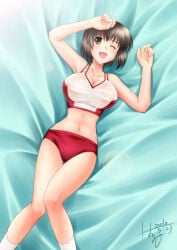 gym_uniform gym_clothes oga_haruhi takano_miyuki female female_only solo tetsudou_musume short_hair brown_hair looking_at_viewer smile big_breasts buruma brown_eyes cleavage one_eye_closed on_back track_uniform track_and_field 2010