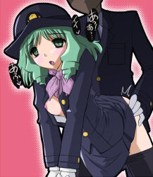 1boy 1girls 2008 ambiguous_penetration ascot blush clothed_sex drill_hair faceless_male female female_focus female_service_cap from_behind green_eyes green_hair looking_pleasured medium_hair one_breast_out ootsuki_miina pantyhose_down ringlets scarf small_breasts solo_focus teal_eyes teal_hair tetsudou_musume tongue_out uniform unseen_male_face