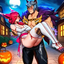 ai_generated ai ai_assisted prussia123 1girls xayah league_of_legends sexy_body sexy_clothing sexy_female vastaya kunoichi ninja_girl halloween_costume halloween_theme halloween_decoration pink_hair 1boy sett carried carrying_partner pouting