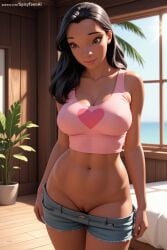 1girl ai_generated black_eyes black_hair breasts brown_eyes cleavage collarbone crop_top denim deviantart disney groin hi_res high_quality high_resolution indoors large_breasts leaf lilo_and_stitch lips long_hair looking_at_viewer nani_pelekai navel palm_tree patreon patreon_username plant potted_plant pussy seductive sexy shirt short_shorts shorts smile solo spicytoonai standing tree uncensored watermark web_address