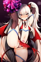 1girls blush blushing blushing_at_viewer demon demon_girl demon_horns demon_tail demon_wings female female_focus female_only grim_aloe hand_behind_head legs_up licking_lips long_hair looking_at_viewer marota_(imyme_maro) presenting pubic_tattoo short_skirt small_breasts smile tagme twintails white_hair