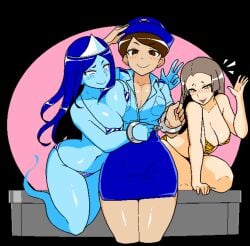 3girls 2d big_breasts blush breasts brown_eyes brown_hair cleavage clothed fukei_(jermaneels) jermaneels large_breasts pixel_art police police_hat police_uniform policewoman skirt smile strip_rock-paper-scissors_-_police_edition thick_thighs thighs uniform pencil_skirt handcuffs handcuffed bikini blue_body blue_skin ghost ghost_(jermaneels) ghost_girl headpiece huge_breasts long_hair micro_bikini open_mouth peace_sign string_bikini strip_rock-paper-scissors_-_ghost_edition striped_bikini triangular_headpiece ghost_tail areolae areolae_slip lady_tsubone_(jermaneels) print_bikini strip_rock-paper-scissors_-_tsubone_edition tiger_print yellow_eyes