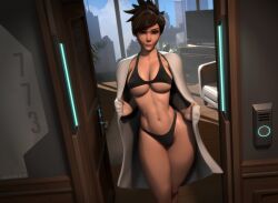 1girls 2026 3d 3d_model big_breasts blizzard_entertainment breadblack brown_hair female female_focus female_only fit fit_female home light-skinned_female light_skin open_door overwatch overwatch_2 pixie_cut presenting tracer underwear