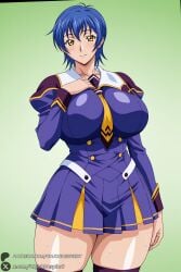 miyagishi_yuuki discipline:record_of_a_crusade unjobdespiert ai_generated 1female looking_at_viewer curvy huge_breasts huge_ass big_breasts big_ass 1girls breasts 2026 artist_name watermark hi_res highres high_quality high_resolution patreon_username patreon 1girl solo blue_hair thighhighs yellow_eyes short_hair school_uniform green_background skirt smile large_breasts long_sleeves necktie thighs sweat thick_thighs cowboy_shot pleated_skirt purple_thighhighs gradient_background blush gradient puffy_sleeves standing web_address