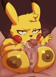 megoomie7 pokemon pokemon_(species) pikachu 1girls 1boy male female anthro yellow_fur pov male_pov nude paizuri large_breasts paizufella foreskin_play looking_at_viewer licking_penis
