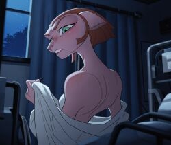 after_transformation ai ai_generated alien breasts captain_amelia doctor feline female green_eyes looking_at_viewer male_to_female mature_female mtf_transformation short_hair small_breasts treasure_planet
