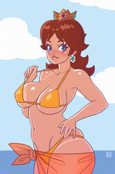 1girls alternate_breast_size bad_id bad_twitter_id big_breasts bikini bikini_bottom_pull biting_lip blue_eyes blush breasts brown_hair busty cleavage cloud crown earrings female female_only flower_earrings hand_on_hip large_breasts lips looking_at_viewer mario_(series) navel nintendo ocean outdoors princess_daisy rizdraws sarong sensual shoulder_length_hair sky smile solo standing swimsuit tanlines tanned teasing water wide_hips year_request yellow_bikini