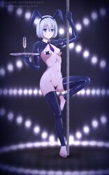 1girls barefoot blue_eyes blue_toenails female jyuichi light-skinned_female original_character pasties pole_dancing reverse_bunnysuit solo white_hair