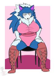 2020 anthro anthro_only belt big_breasts bimbo blue_fur blush blushing capcom clothed clothing commission cosplay darkstalkers female furry gallon heels high_heels jon_talbain kingretrokirby large_breasts leotard lupine mane nicki_minaj parody rule_63 two_tone_fur vampire_savior were werewolf white_fur wolf yellow_eyes