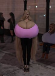 1girls 3d absurd_res big_lips black_pants blonde_hair breast_expansion bursting_breasts cleavage dimples female gigantic_breasts heels huge_breasts hyper_breasts long_hair looking_at_viewer mascara open_toe_shoes overflowing_breasts posing sirstuff solo street tight_shirt very_long_hair