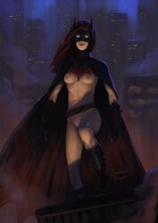 athletic batman_(series) batwoman belt boots bottomless breasts cape dc dc_comics female female_only functionally_nude gloves heroine kate_kane lipstick masked night nude posing proud public_nudity red_hair sentientbrush thighs topless white_eyes