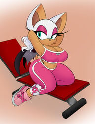 anthro bat big_breasts cleavage female female_only highres makeup marshallleea omegasunburst pink_eyeshadow rouge_the_bat solo solo_female sonic_(series) sonic_riders sports_bra tan thick_thighs white_hair wings workout yoga_pants