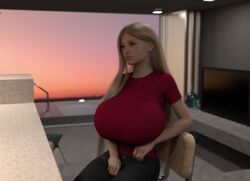 1girls 3d absurd_res big_breasts big_lips bimbo blonde_hair clothed female gigantic_breasts hourglass_figure huge_breasts looking_away narrow_waist open_window patio plump_lips posing red_shirt sirstuff sitting small_waist solo solo_female sunset t-shirt tight_shirt