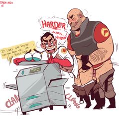 2boys anal_penetration anal_sex aqua_eyes balding bara coppy daskingu doctor_sex doggy_style erection facial_hair fingerless_gloves from_behind from_behind_position gay glasses gloves heavy_weapons_guy human human_only inviting_to_sex male male_only medic_(team_fortress_2) motion_lines naughty_face pants_down robot team_fortress_2 text thrusting_into_ass tongue_out vest white_background yaoi