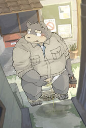 2020 anthro balls belly blush bodily_fluids bottomwear canid canine canis chocobibear clothing detailed_background domestic_dog genital_fluids genitals humanoid_hands kemono male mammal outside overweight overweight_male pants peeing penis shirt solo topwear underwear urine