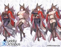 amagi_(azur_lane) animal_ears animal_tail areolae artist_request azur_lane breasts brown_hair cuddly_octopus dakimakura dakimakura_design garter_belt kitsune nipples pussy stockings uncensored watermark