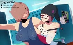 2d 2d_animation 2girls animated beanie breast_grab breast_squeeze cherrii cherrii_pop cyclops female female_only glasses grabbing_from_behind groping groping_under_clothes huge_breasts lesbian locker locker_room monster_girl multiple_girls nipple_bulge no_sound patreon_username poster swimsuit tentacle twitter_username video yuri