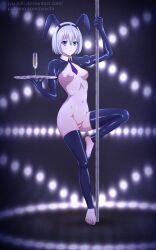 1girls barefoot blue_eyes blue_toenails female jyuichi light-skinned_female nipples original_character pole_dancing reverse_bunnysuit solo white_hair