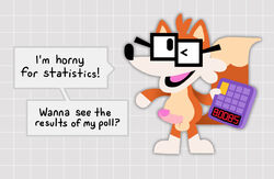 anthro balls black_eyes calculator canid canine critterdome dipstick_tail english_text erection eyewear fivethirtyeight fivey_fox fox fur genitals geometric_background glasses hi_res humanoid_genitalia humanoid_penis male male_only mammal multicolored_tail nude one_eye_closed open_mouth orange_body orange_fur penis solo text tongue white_body white_fur wink