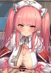 1boy absurdres after_paizuri ahoge azur_lane bangs bar_censor blush breasts breasts_apart censored choker closed_mouth collared_dress cum cum_bridge cum_on_body cum_on_breasts cum_on_upper_body cumdrip dress eyebrows_visible_through_hair facial female gloves hair_ornament half_gloves hat highres indoors large_breasts long_hair looking_at_viewer momo_no_sukebe nurse nurse_cap penis perseus_(azur_lane) perseus_(nursery_service_time)_(azur_lane) pink_eyes pink_gloves pink_hair pov solo_focus straight twintails very_long_hair white_dress white_headwear x_hair_ornament