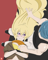 1girls ahoge black_tank_top blonde_hair blue_hair blushing boobs breast_grab breasts brown_jacket cleavage crossed_arms female from_above grabbing_breasts group hair hair_grab lap_pillow laying_down long_hair looking_at_another naughty_face purple_eyes rwby scarf smile stroking_hair unseen_male_face white_pants wildhl yang_xiao_long