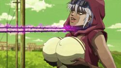 1girls animated bastet_(jjba) big_breasts brown_skin choker david_productions female female_only hermit_purple hood jojo's_bizarre_adventure mariah_(jjba) screencap solo stand_(jjba) stardust_crusaders sunglasses sunglasses_on_head tits white_hair yellow_eyes