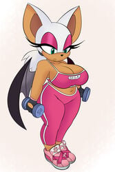 anthro bat big_breasts cleavage female female_only highres makeup marshallleea omegasunburst pink_eyeshadow ponytail rouge_the_bat skin_tight solo solo_female sonic_(series) sports_bra tan thick_thighs white_hair wings workout yoga_pants