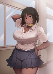 1girls arm_behind_head black_hair breasts clothing dark-skinned_female dark_skin female female_only green_eyes hand_on_hip korotsuke legs_together looking_at_viewer mira_sahar_lilush school_uniform shirt short_hair skirt solo solo_female tan_skin the_creepy_glasses_girl