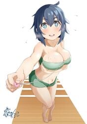 big_breasts blue_eyes blue_hair blush device looking_at_viewer nishihara smile sweat teenager tomboy ueno-san_wa_bukiyou workout_clothes