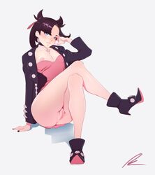 1girls ass black_hair blush bottomless breasts breasts_out coat crossed_legs eye_contact hair_over_one_eye half-closed_eyes heels high_heels human legs_crossed looking_at_viewer marnie_(pokemon) nintendo no_panties one_breast_out pee-kay pokemon pokemon_ss solo text thick_thighs watermark wide_hips