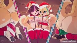 2girls animated anthro ass asshole blonde_hair bouncing_ass bouncing_breasts butt butt_chugging candy_cane christmas christmas_outfit chugging eipril feet fox fur furry gif looking_at_viewer looking_pleasured looking_up masturbation medium_breasts no_bra no_humans no_panties open_mouth pawpads paws purple_hair sex_toy shirt_lift stockings vaginal_penetration