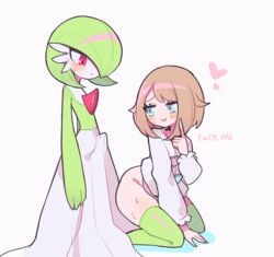 1boy 1girls blue_eyes brown_hair bulge clarevoir erection erection_under_clothes female femboy femboy_on_female flat_chest gardevoir girly green_skin green_socks green_thighhighs half-closed_eyes human humanoid interspecies inviting kureamajo male male/female male_gardevoir male_pokemon/female_human nintendo original_character partially_clothed pokemon pokemon_(species) pokemon_oras pokemon_rse pokephilia red_eyes short_hair socks sweatdrop text thick_thighs thigh_socks thighhighs white_skin wide_hips