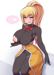 big_breasts blonde_hair blue_eyes body_armor bodysuit darkness_(konosuba) dustiness_ford_latatina female female_only heart kono_subarashii_sekai_ni_shukufuku_wo! nipples ponpo seductive_look seductive_smile smile solo solo_female solo_focus thick_thighs thigh_clothes wardrobe_malfunction