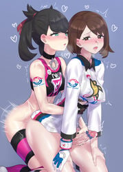 2futas alternate_breast_size alternate_outfit bangs black_hair black_nails blue_background blush bottomless breasts brown_eyes brown_hair censored choker clothed_sex commentary_request covered_nipples doggy_style evuoaniramu futa_with_futa futanari gloria_(pokemon) gloves green_eyes gym_challenge_uniform gym_uniform half-closed_eyes handjob heart heart_censor heavy_breathing highres kneeling long_sleeves marnie_(pokemon) mizuumi_(bb) motion_blur motion_lines multiple_girls nail_polish nintendo open_mouth penis pokemon pokemon_ss reach-around revision sex shirt short_hair shoulder_tattoo simple_background single_glove sports_bra sports_uniform striped striped_shirt tattoo vertical-striped_shirt vertical_stripes wide_hips