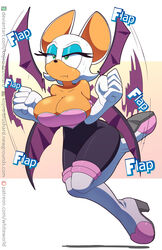 anthro bat big_breasts cleavage female female_only flying huge_breasts kojiro-brushard large_breasts makeup rouge_the_bat skin_tight solo solo_female sonic_(series) sweat thighhighs wings