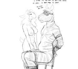 anthro black_and_white blindfold bondage boss_lamb_(hladilnik) bound bovid caprine chair domestic_sheep english_text equid equine furniture hi_res hladilnik malesub mammal monochrome nipples nude sheep text zebra zebra_dad_(hladilnik)