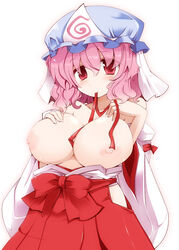 1girls alternate_costume areolae bangs blush breasts cleavage female female_only front_view hair_between_eyes hakama hand_on_breast hat highres human japanese_clothes large_breasts miko mouth_hold nipples off_shoulder open_clothes pink_eyes pink_hair red_eyes red_hakama shirogane_(platinum) short_hair solo topless touhou triangular_headpiece yuyuko_saigyouji