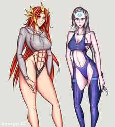 abs big_breasts body breasts canon_couple diana_(league_of_legends) gym league_of_legends legs leona_(league_of_legends) long_hair strangerzz thong together