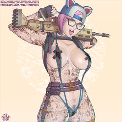 1girls big_breasts body_markings body_tattoo breasts fang female fortnite glasses green_eyes gun hat lynx_(fortnite) mila_the_mute open_mouth pink_hair solo solo_female tagme tattoo tattoo_sleeve thick_thighs thigh_tattoo underwear