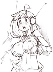 belly_button blush breast_grab breasts cave_story curly_brace female from_behind grey_skin gynoid humanoid lactation long_hair machine midriff monochrome nickleflick nipples robot robot_joints shirt_lift sketch surprised wamudraws