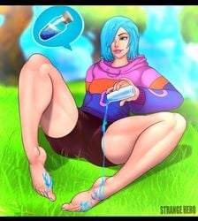 1girls barefoot blue_eyes blue_hair booty_shorts clothed feet fortnite iris_(fortnite) liquid pouring pouring_on_feet pouring_on_self slurp_(fortnite) tagme thick_thighs thighs