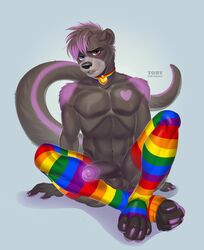 2020 abs absurd_res balls claws clothing collar dust_the_otter fur genitals glowing glowing_genitalia glowing_penis grey_body grey_fur heterochromia hi_res leggings legwear letterbox lgbt_pride_colors male male_only mammal mustelid penis pride_colors purple_body purple_fur toby_the_ghost