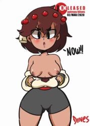 ajna_(indivisible) animated bike_shorts bloomers brown_hair brown_skin diives english_text exposed_breasts exposing female female_protagonist gif indivisible patreon text watermark white_background