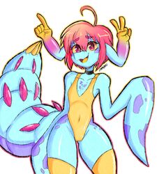 big_tail blue_skin cteno ctenophorae darboo female flat_chest happy monster_girl short_hair swimsuit tail thick_thighs white_background wide_hips yellow yellow_sclera