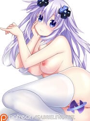 adult_neptune breasts censored eyebrows_visible_through_hair female_only gabriel_grayford hair_ornament hairclip highres long_hair neptunia_(series) nipples patreon_username purple_hair shin_jigen_game_neptune_vii simple_background solo thighhighs white_background white_legwear